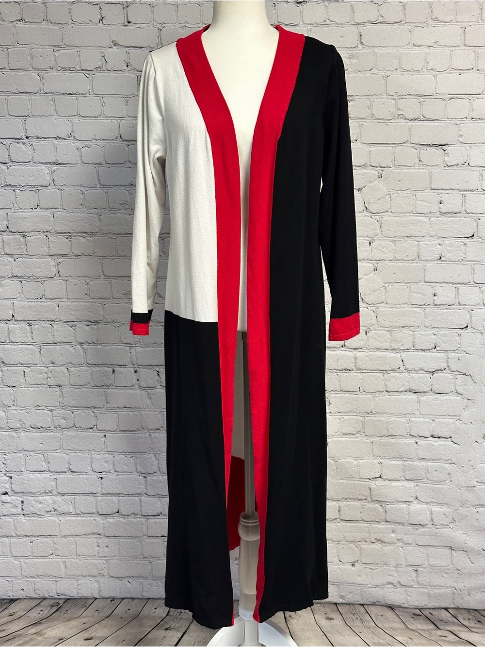 Ashro Colorblock Long Open Cardigan in Black, White & Red